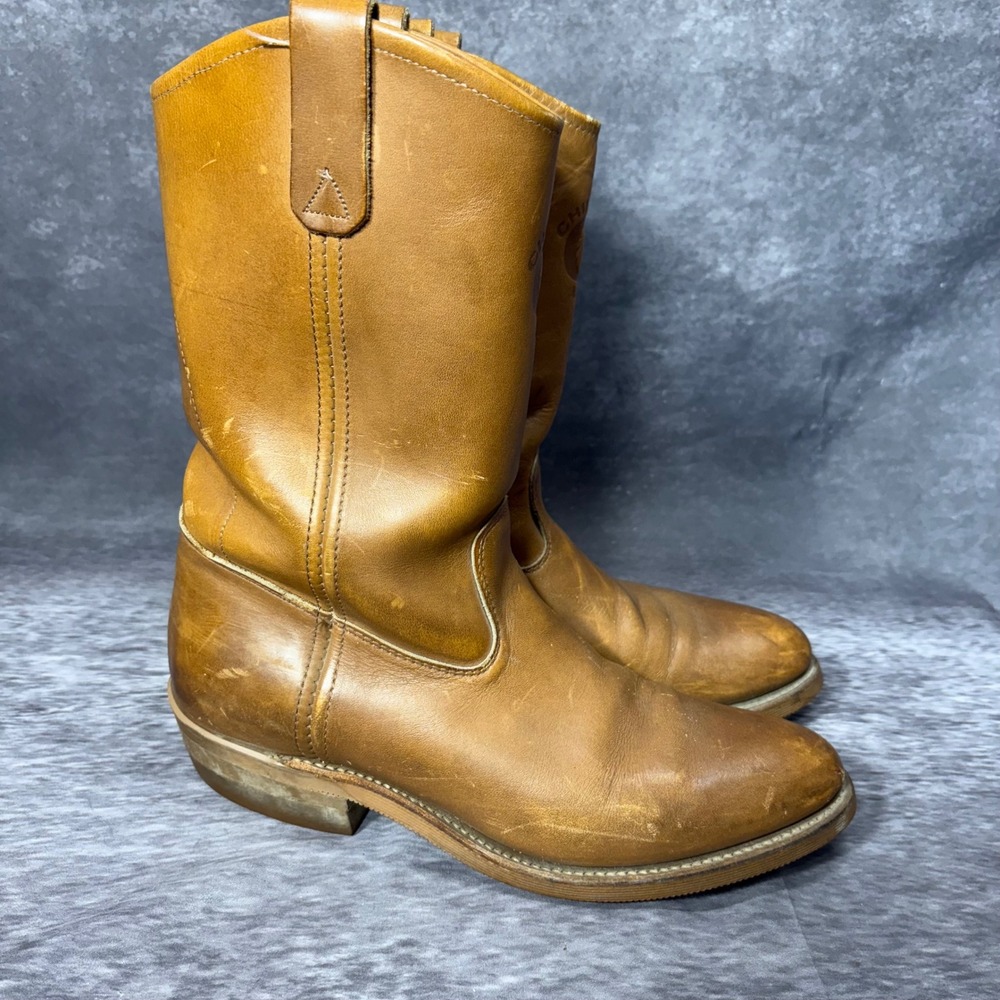 Vintage Chippewa Cowboy Western Work Boots Mens Size 8.5D Tan Distressed Pull On